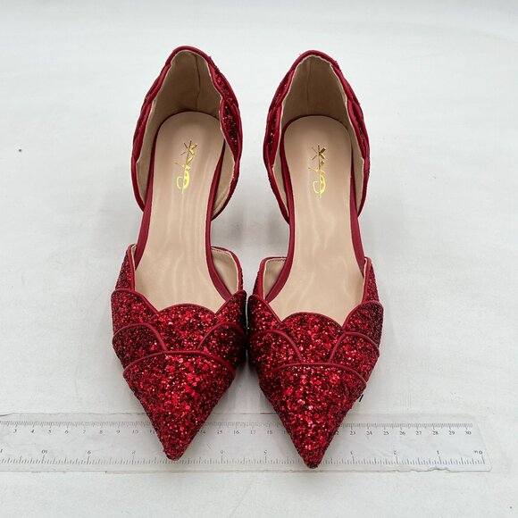 XYD Burgundy Glitter Pointed Toe D'Orsay Kitten Heel Wedding Shoes - Picture 3 of 8